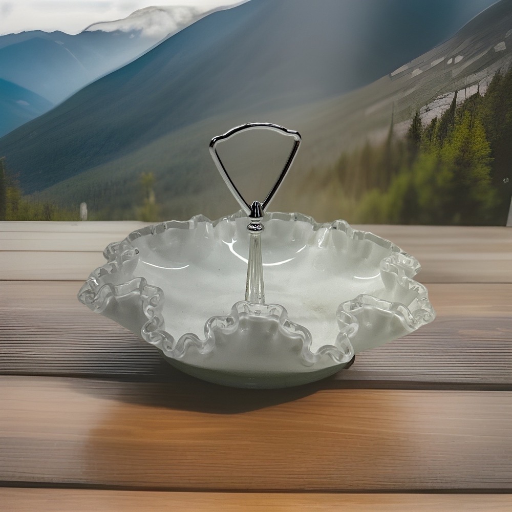 Vintage Fenton Milk Glass Silver Crest Bon Bon Dish - Candy Serving Bowl - EUC